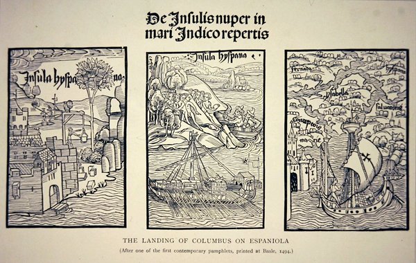 Přistání Kolumba na Espaniole po současné brožuře vydané v Basileji v roce 1494 (litho) od School English
