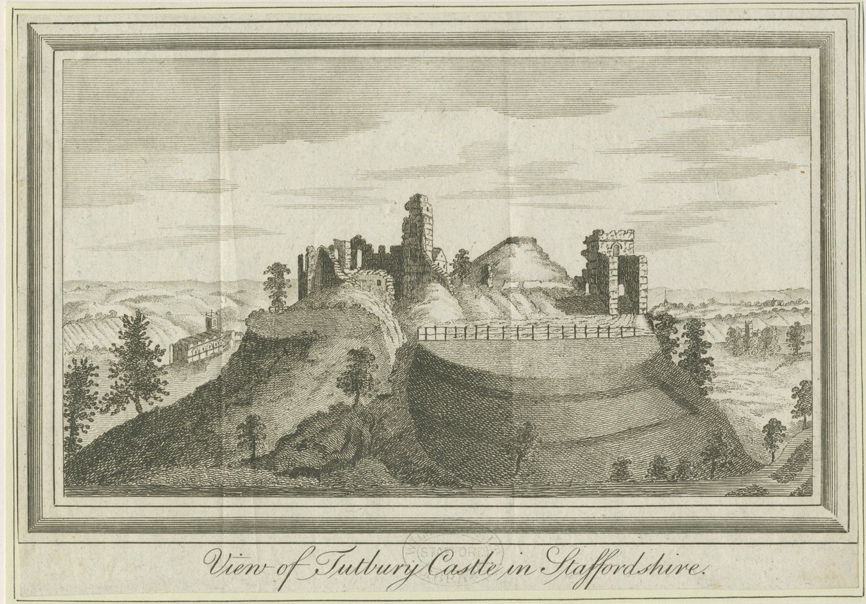 Hrad Tutbury - East View: rytina, nd [1731] (tisk) od School English