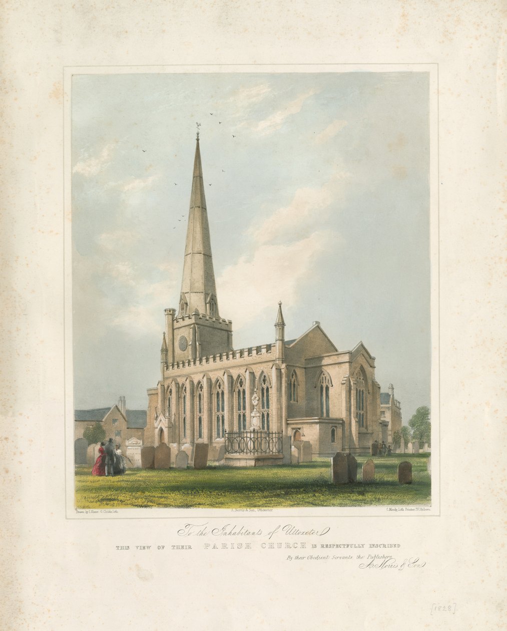 Kostel Uttoxeter [Nový]: malovaná litografie, nd [c 1828] (tisk) od School English