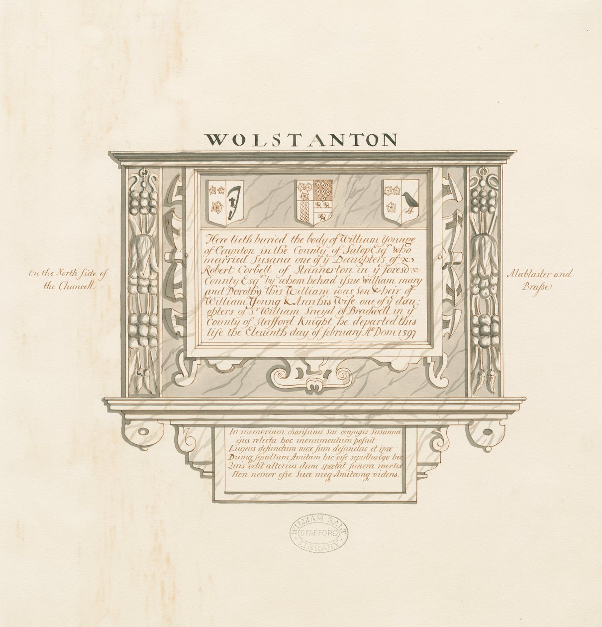 Wolstanton Church – Wall Monument to William Yonge of Caynton: per and wash drawing, nd [~19th cent] (kresba) od School English