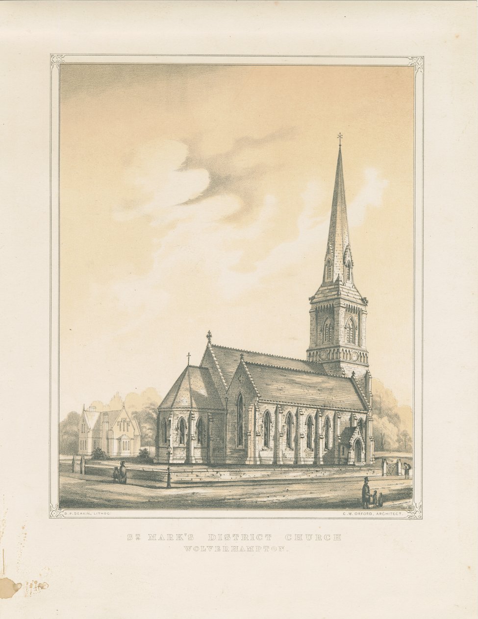 Wolverhampton - Kostel sv. Marka: tónovaná litografie, nd [?polovina 19. století] (tisk) od School English