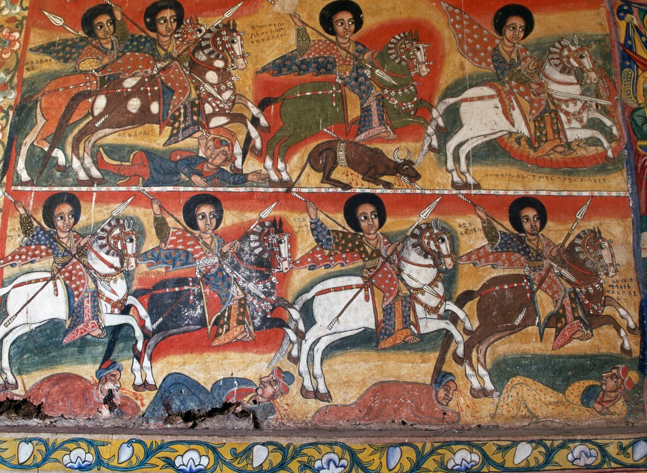 Rytíři s kopími, malby v klášteře Ura Kidane Meret (17. století), Velký Bahar Dar, poloostrov Zege, Etiopie, Detail od School Ethiopian