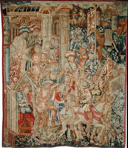Císař Titus Vespasianus (9–79 nl) nařizuje svému synovi Titovi (38–91 n. l.), aby se vrátil do Jeruzaléma (tapisérie) od School Flemish