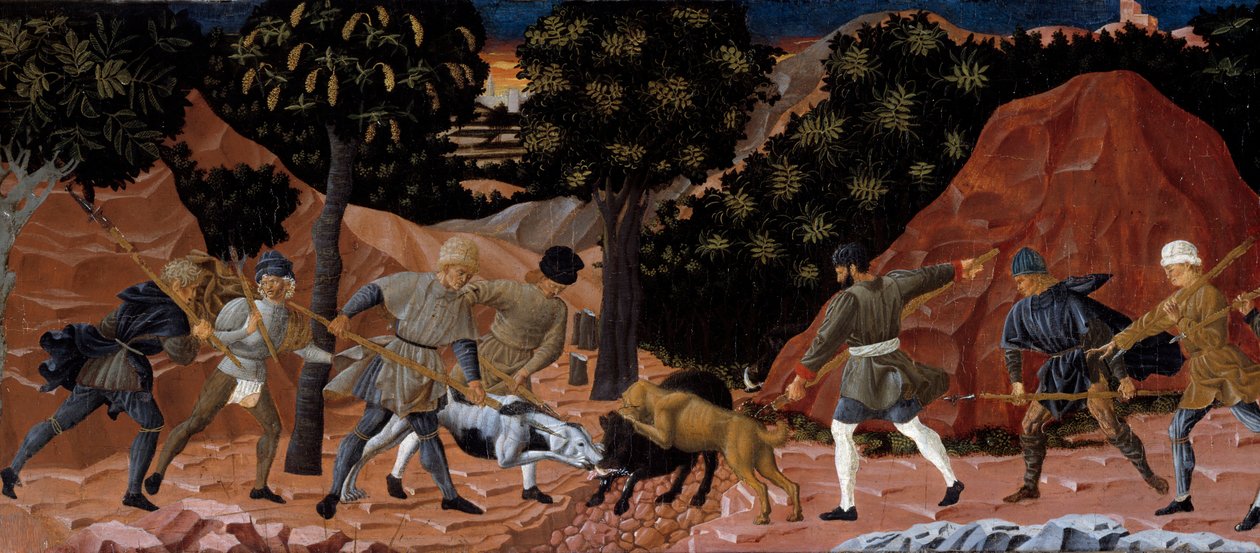 Scéna lovu kance. Detail. Anonymní obraz florentské školy. 1450-1460. Toulouse, Musee des Augustins od School Florentine