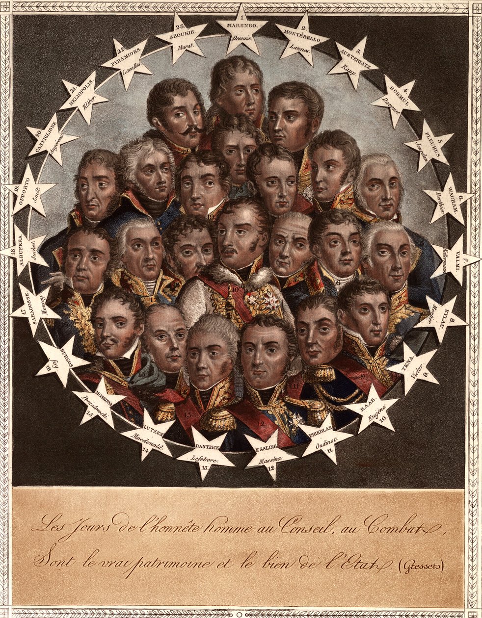 A Heros by Victory - Dny poctivosti v Radě, v boji - jsou skutečným dědictvím a dobrem státu. (Gressets) - 1. marengo. dessaix. 2. montebello. lannes. 3. austerlitz. rapp. 4. eckmuel. davoust. 5. florus. jourdan. 6. wagram. kotviště od School French