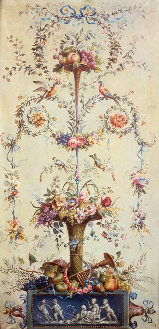 Trubka květin a ovoce zdobená girlandami květin (akvarel) od School French