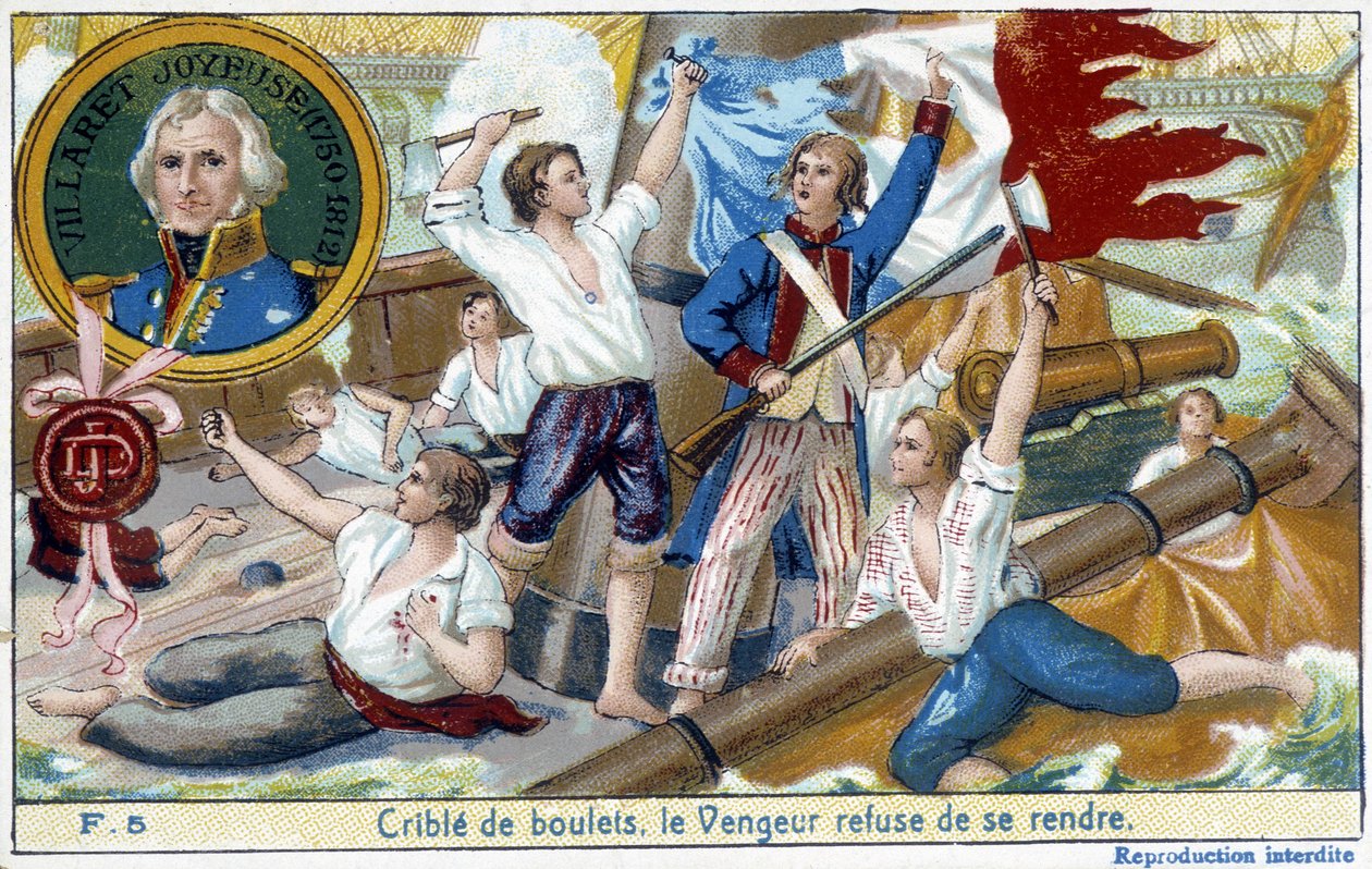 Admirál Villaret (1750-1812), zástupce v medailonu, doručil námořní bitvu u Ouessant anglickému Howeovi v roce 1794. od School French