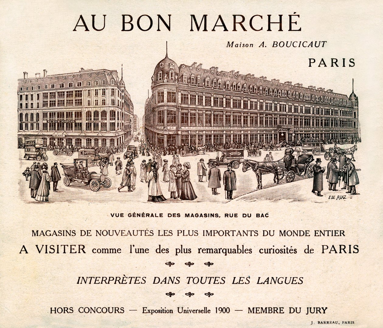 Reklama na "Au Bon Marche" na Rue du Bad, Paříž (print) od School French