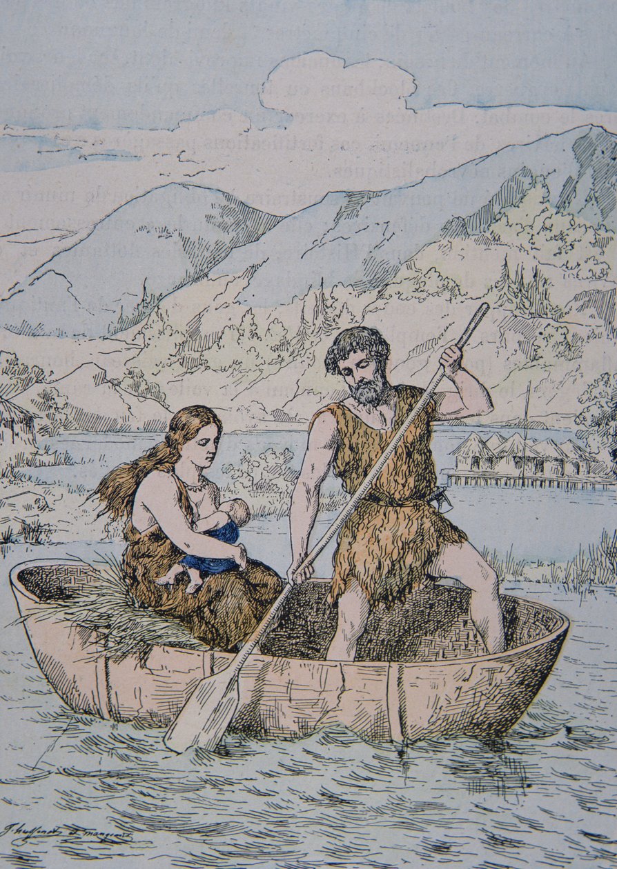 Starověcí Galové na lodi typu Coracle (barva litho) od School French