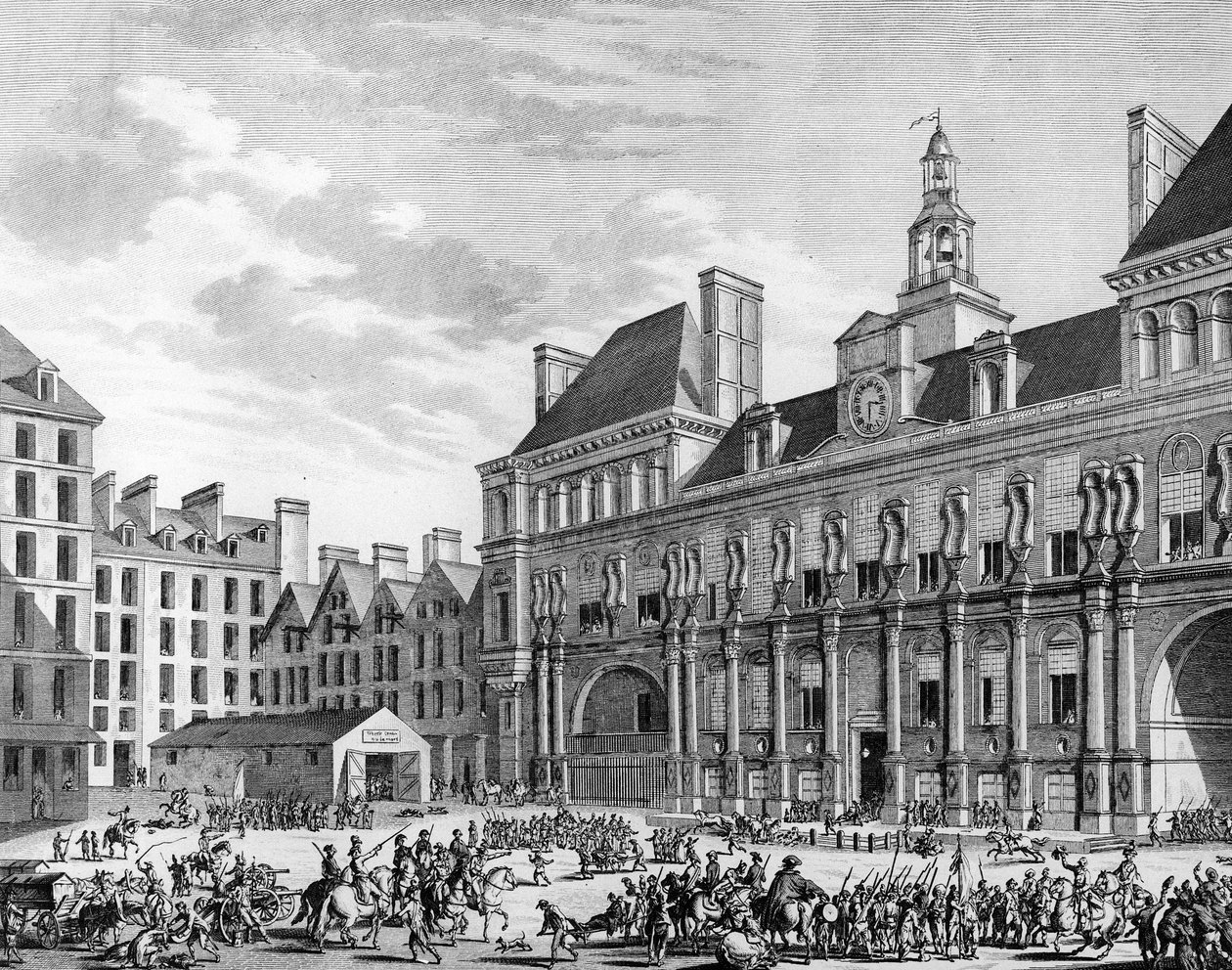 Útok vojsk Konventu na Obecní dům (radnici) 29. července 1794 v Paříži. Paříž, Knihovna Institutu dějin revoluce od School French