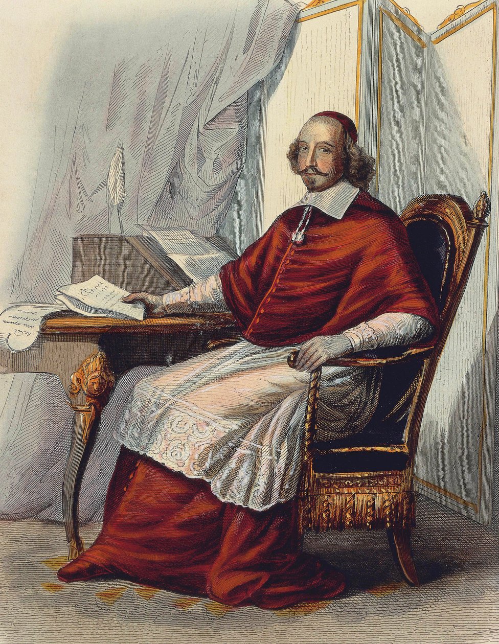 Kardinál Jules Mazarin (Giulio Mazzarini) (barevná rytina) od School French