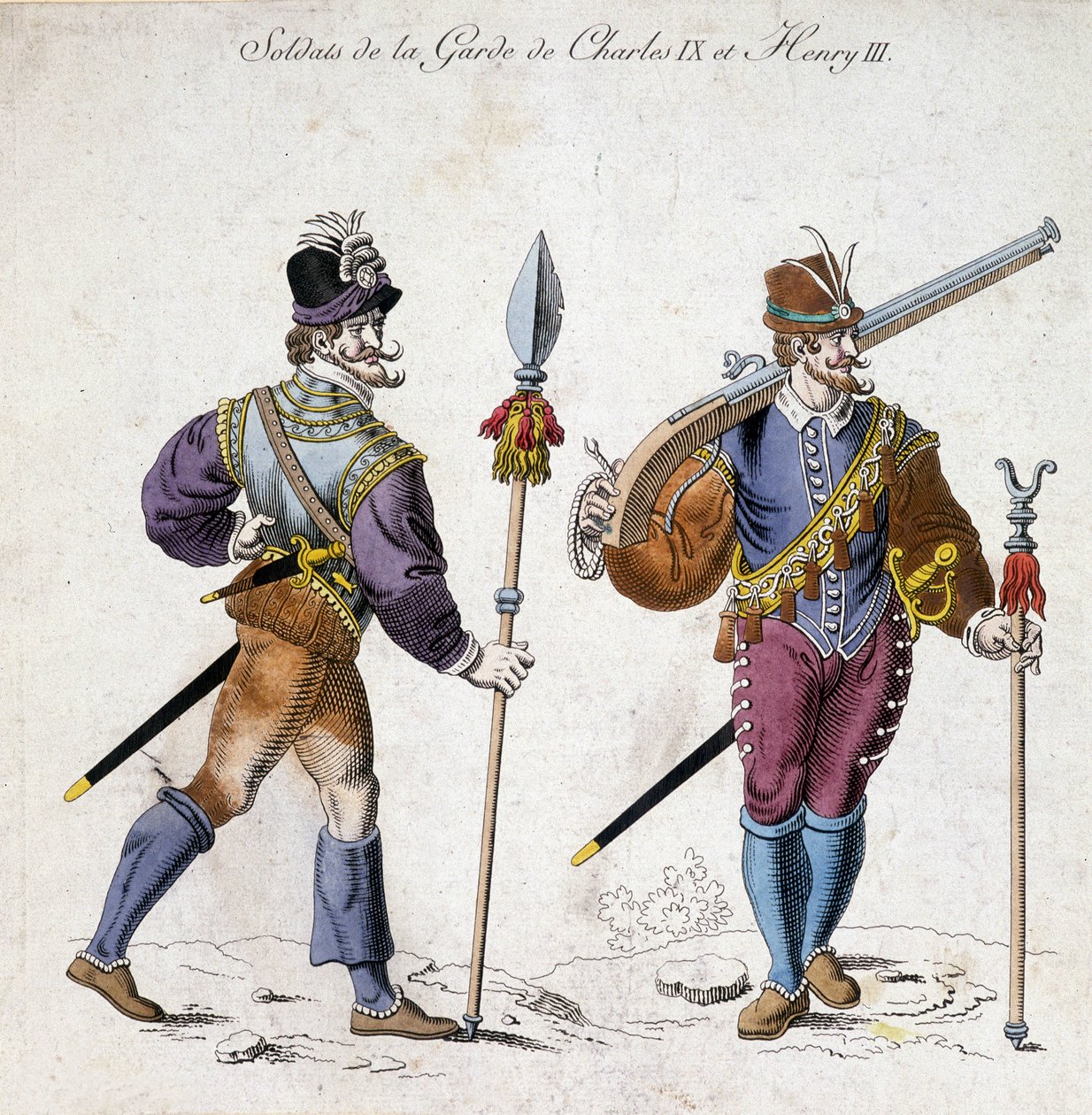Kostýmy vojáků stráže Karla IX. (1550-1574) a Jindřicha III. (1574-1589). od School French