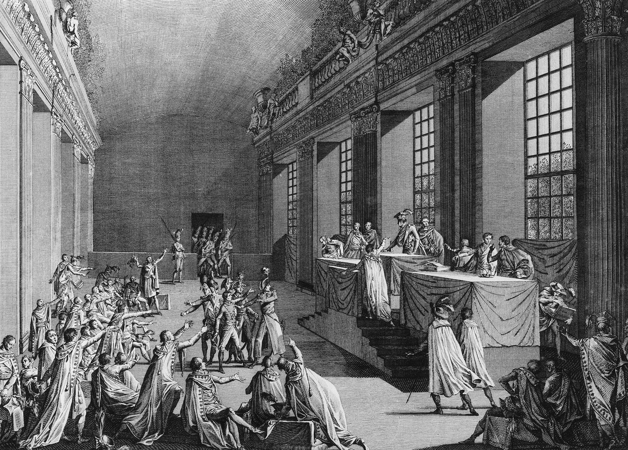 Dny 18. a 19. mlhy An VIII (9. a 10. listopadu 1799): Bonapartův převrat v komoře Rady pěti centů (pět centů) (místnost 500), která svrhla výkonnou radu, převzala moc a byla jmenována První konzul. Paříž, Knihovna institutu od School French