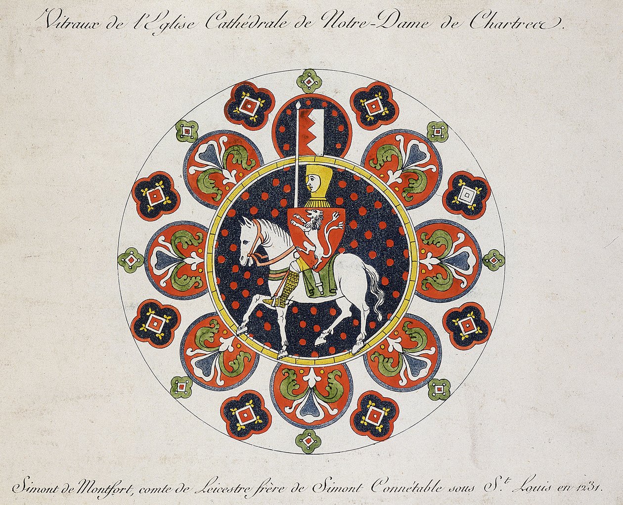 Kresba rozetového okna v Chartres: Simon de Montfort (barva lito) od School French