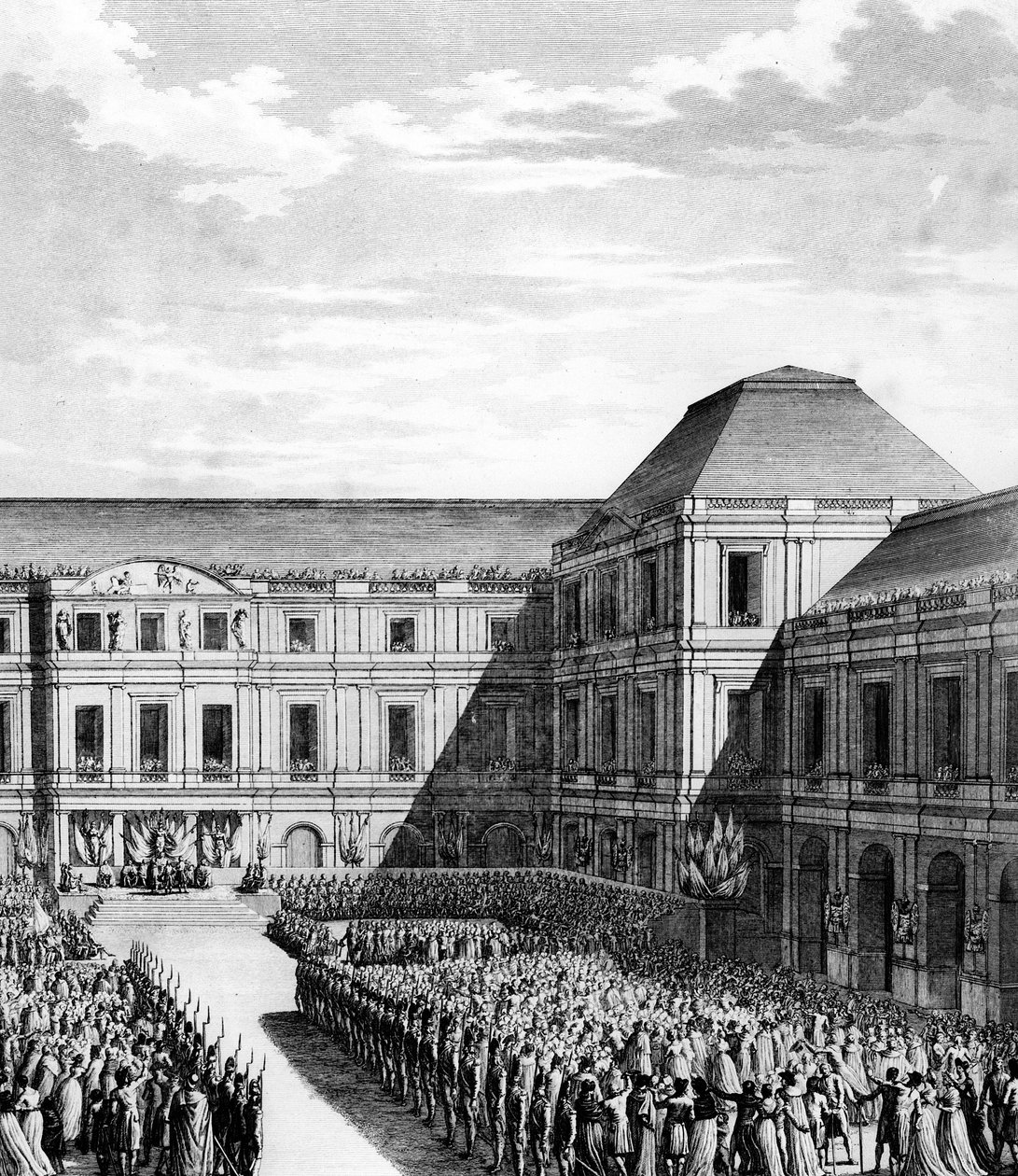 Slavnost pořádaná Napoleonem I. Bonapartem (1769-1821) v Národním paláci Directory (Lucemburský palác) v Paříži po obchodu Campo Formio dne 20. pátku An VI (10. prosince 1797). Paříž, knihovna Ústavu dějin revoluce od School French