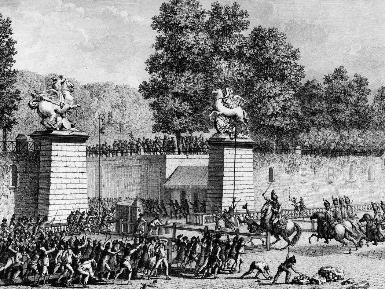 První z francouzské revoluce: Monsieur Charles Eugene de Lorraine, princ z Lambescu (1754-1825) vstoupil 12. července 1789 do Tuileries s oddílem královské němčiny, aby potlačil první revolucionáře. Paříž, Knihovna Historického ústavu od School French