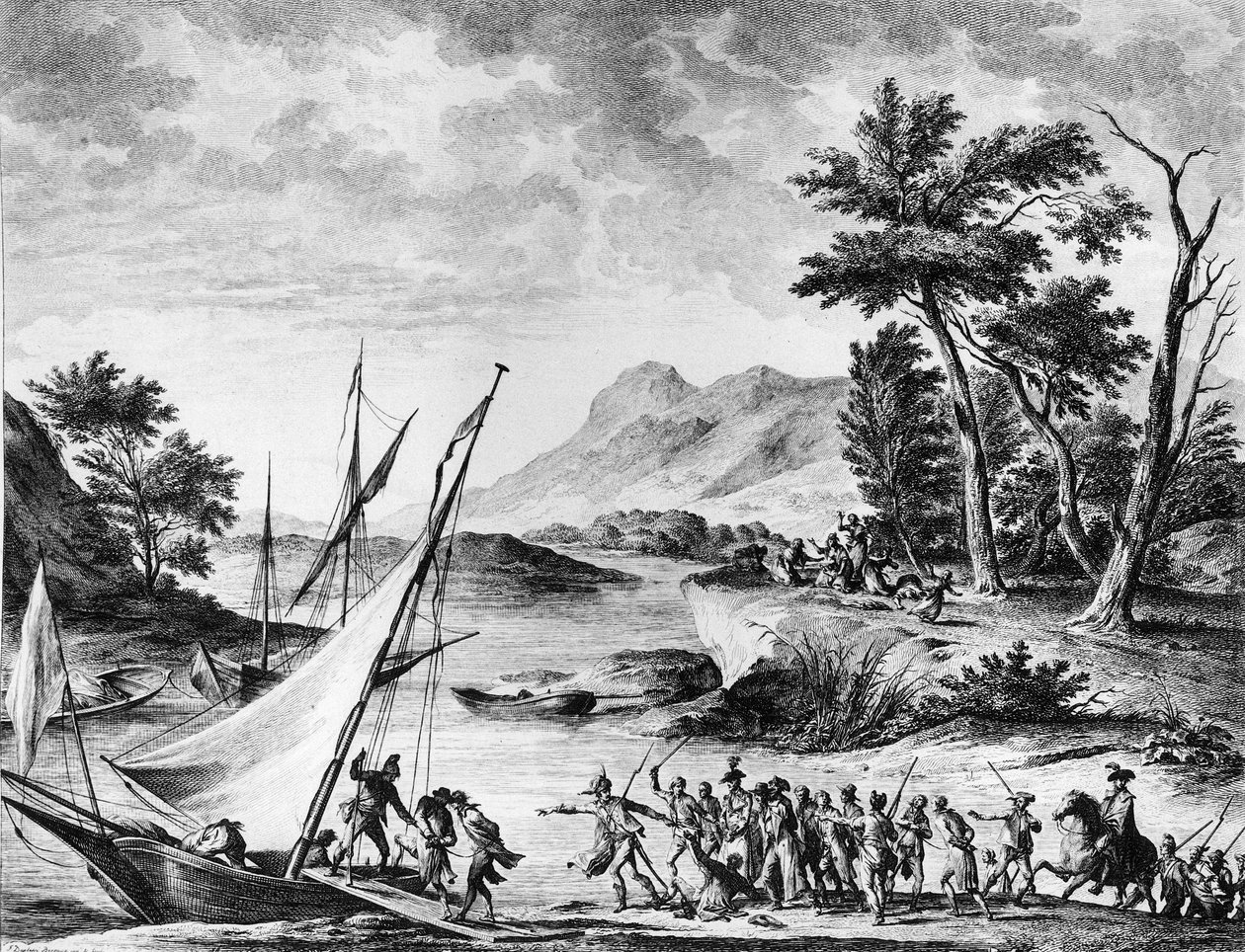 Francouzská revoluce: Zatčení francouzských velvyslanců Charlese Louise Hugueta de Semonville (1759-1839) a Huguese Bernarda Mareta (1763-1839) v Novate dne 25. července 1793. Rytina a kresba Duplessi - Bertaux. Paříž, knihovna Ústavu dějin Revolu od School French