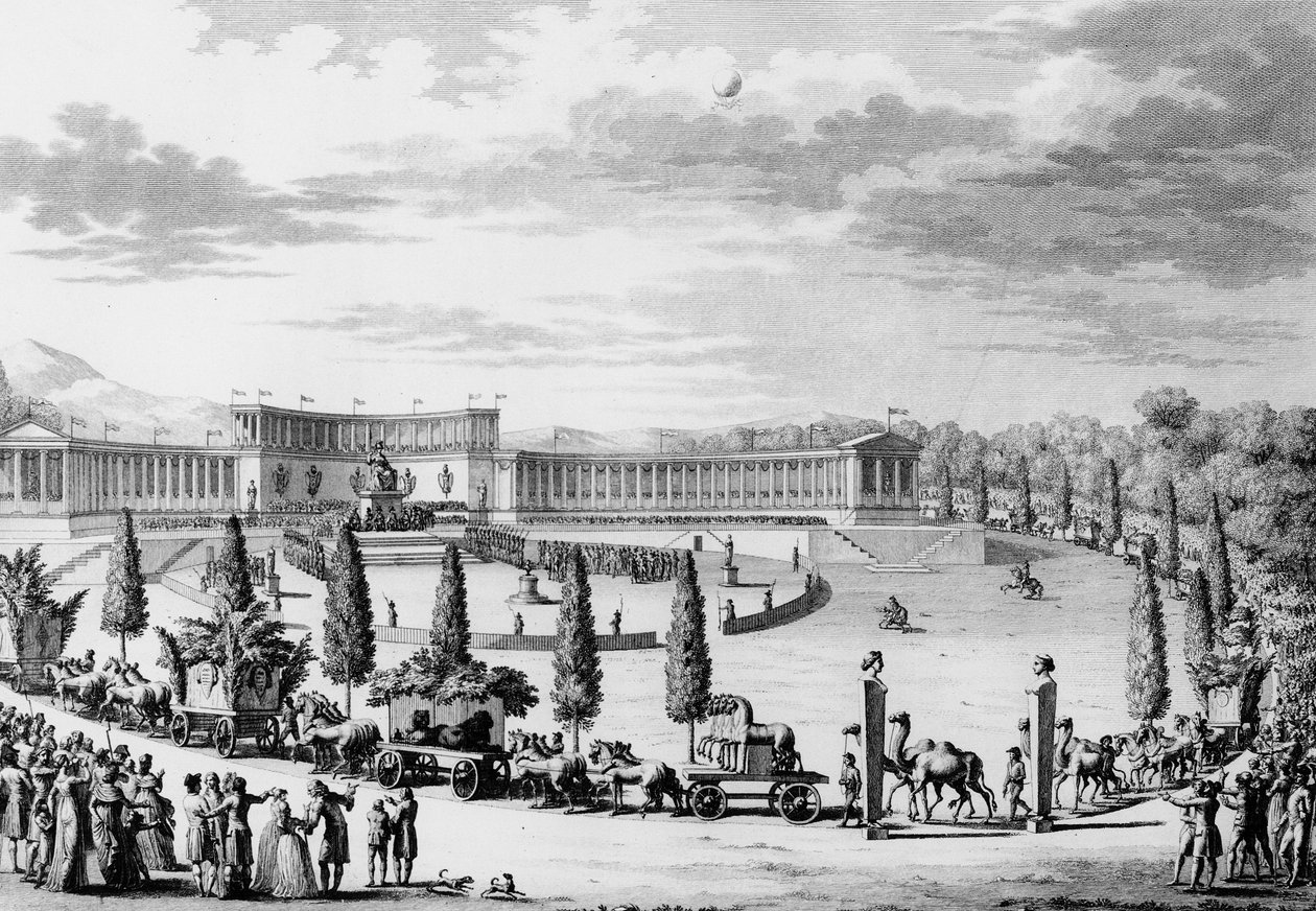 Francouzská revoluce: Slavnost pořádaná u příležitosti triumfálního vstupu na památky vědy a umění ve Francii 9. a 10. Thermidor An VI (28. července 1798) na příkaz konzula Napoleona Bonaparta (1769-1821) (rabovací kampaň) . Paříž, od School French