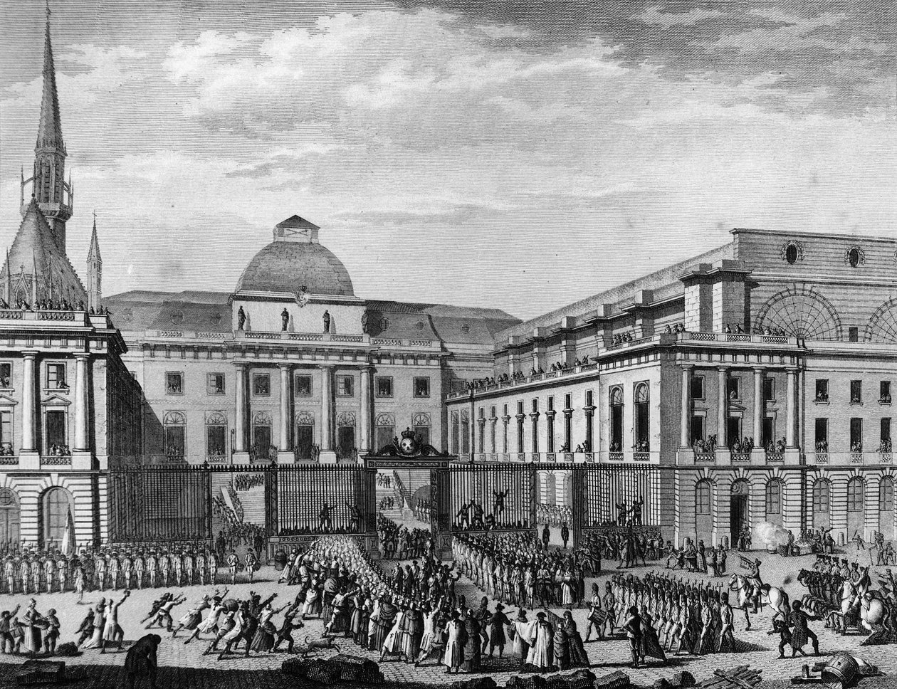 Francouzská revoluce: Pařížská radnice, parlament v listopadu 1790 na ostrově města, kterému předsedal Jean Baptiste Gaspard Bochart de Saron (1730-1794). Paříž, knihovna Ústavu dějin revoluce od School French
