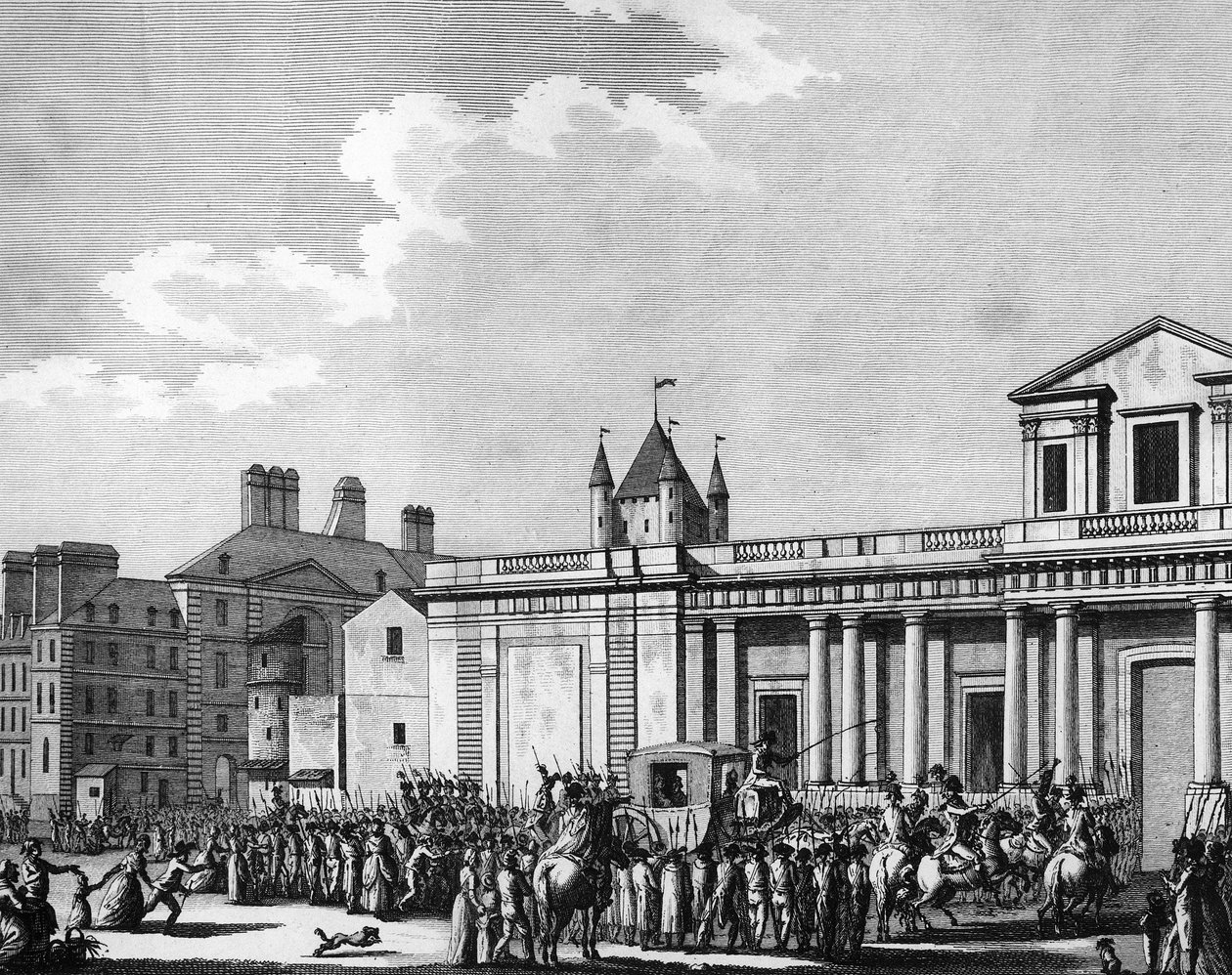 Francouzská revoluce: Přemístění královské rodiny (Ludvík XVI., Marie Antoinetta, delfín Ludvík Charles de France nebo Ludvík XVII a Marie Terezie známá jako „Madame Royale“) do věznice Temple v Paříži 13. srpna od School French