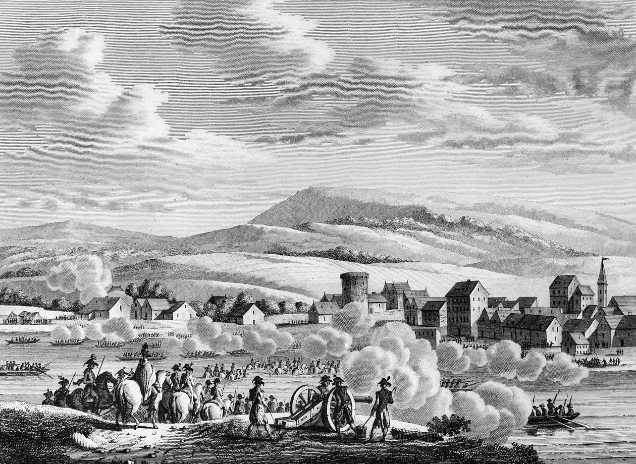 Francouzská revoluce Válka a protirevoluční hnutí: Francouzská vojska projíždějící přes Rýn do německého Dusseldorfu dne 20. Fructidor An III (6. září od School French
