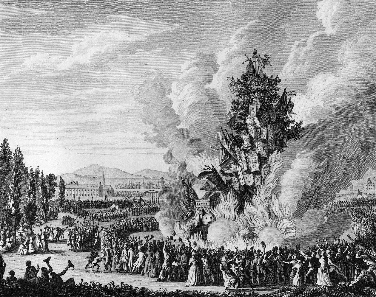 Francouzská revoluce: připomínka dobytí Bastily 14. července 1792 velkým bucherem pálením symbolů monarchie z paláce Tuileries. Paříž, knihovna Ústavu dějin revoluce od School French