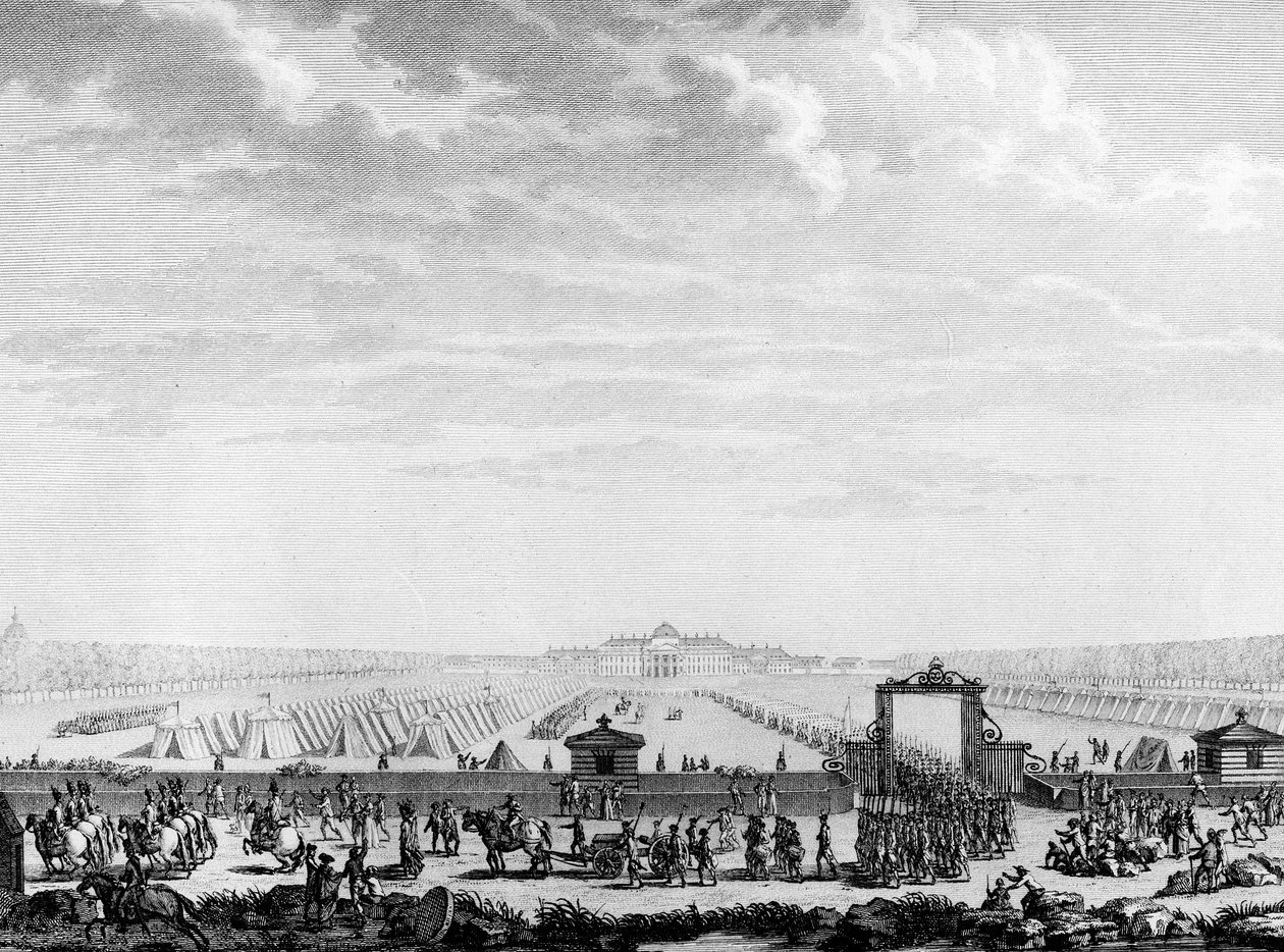 Francouzská revoluce: vojenské jednotky na březnovém poli odjíždějí 12. července 1789 na Place Louis XV Paříž, Knihovna Ústavu dějin revoluce od School French