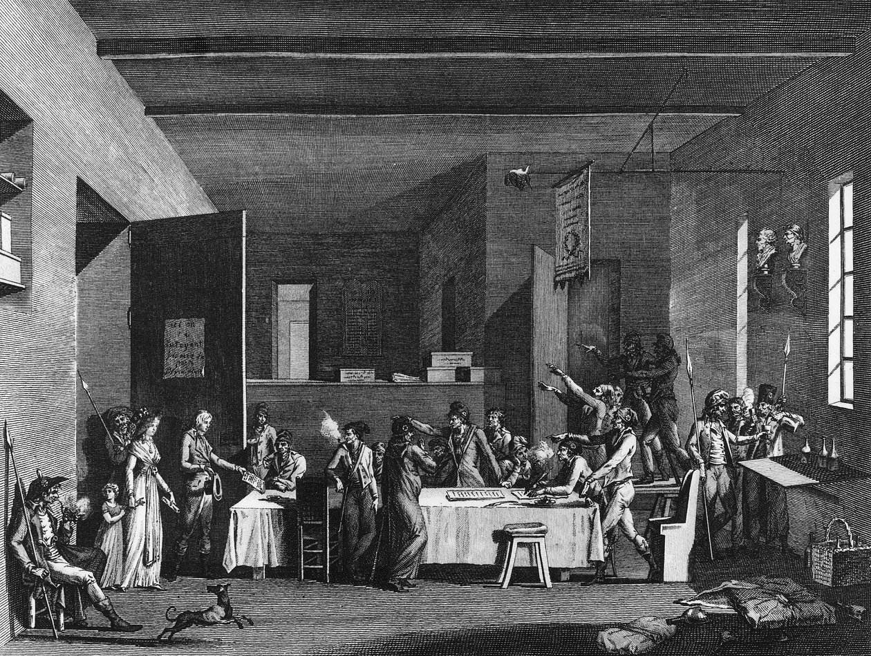 Francouzská revoluce a protirevoluční hnutí: Interiér revolučního výboru za teroru v letech 1793-1794. Paříž, knihovna Ústavu dějin revoluce od School French