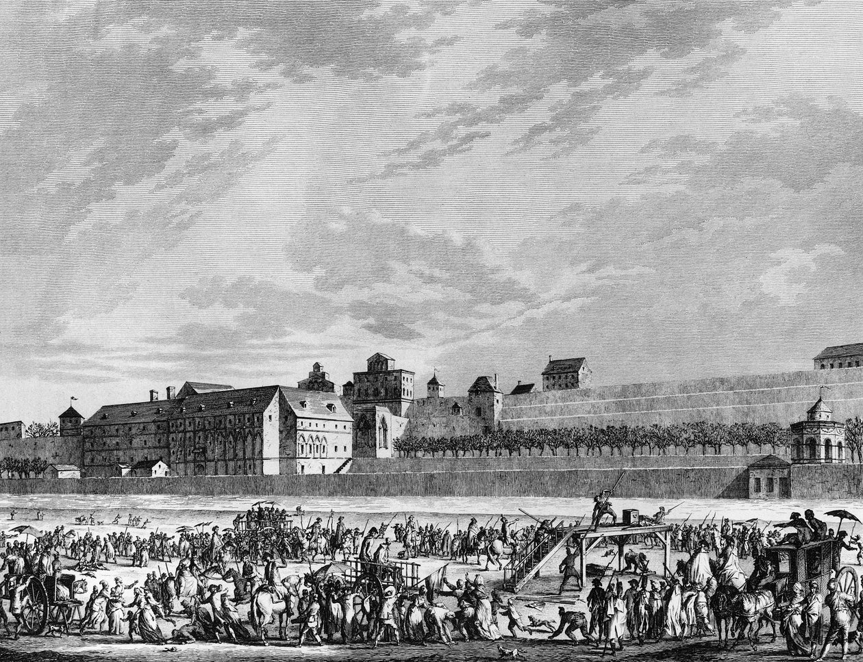 Francouzská revoluce a protirevoluční hnutí: Smrt Jeana Sylvaina Baillyho (1736-1793) dne 12. listopadu 1793 gilotinu za to, že uložil ve prospěch Marie Antoinetty na jeho slyšení na promenádě Champ de Mars v Paříži. Paříž, Knihovna o od School French