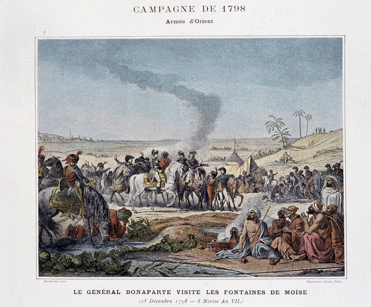 Generál Bonaparte navštěvuje Mojžíšovy fontány - v „“Vítězství a dobytí francouzských armád“, Paříž, n. d (rytina) od School French