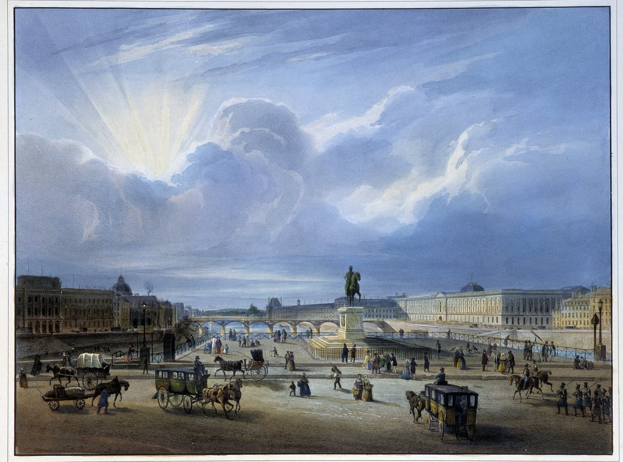 Celkový pohled na Louvre se sochou Jindřicha IV od School French