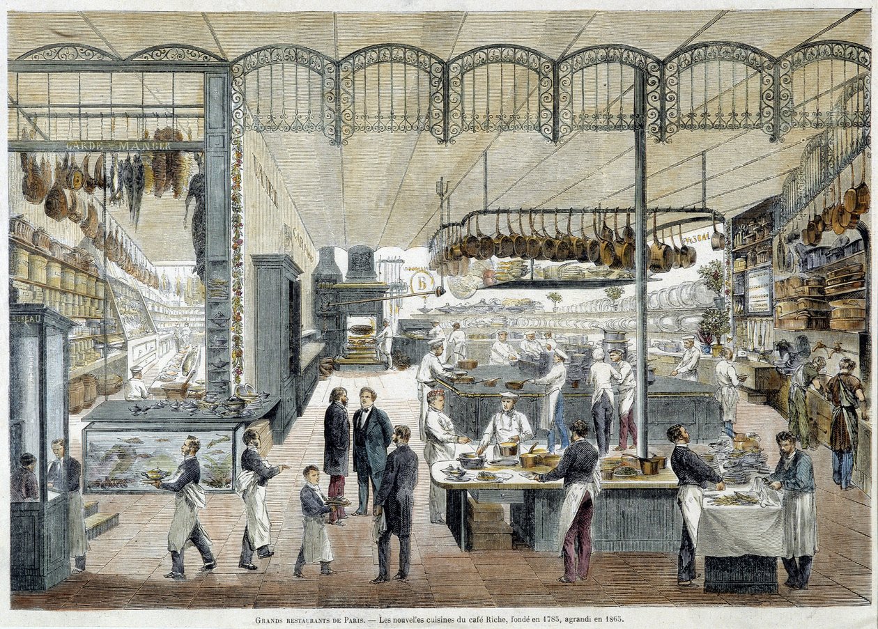 Skvělé restaurace v Paříži: nové kuchyně Café Riche, založené v roce 1785, rozšířené v roce 1865. od School French