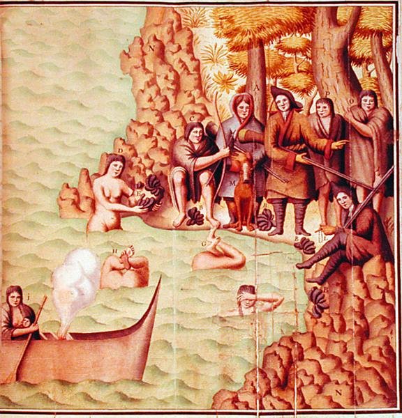 Indiáni z Magellanského průlivu s francouzskými průzkumníky, ilustrace z „Voyage de Gouin de Beauchesne“ od School French
