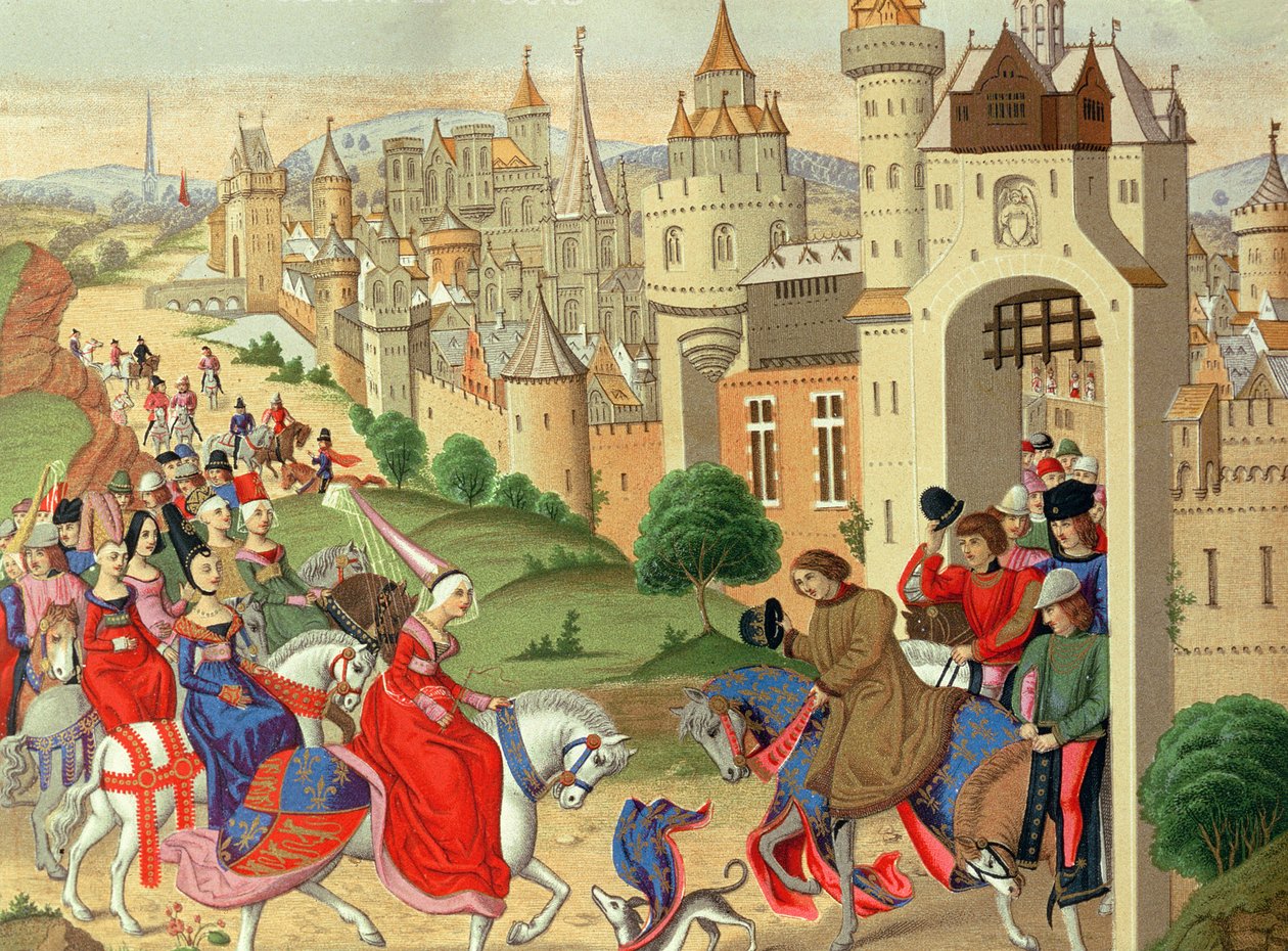Isabellu, anglickou královnu, vítá před branami Paříže její bratr francouzský král Karel IV. z rukopisu „Chroniques“ (faksimilové vydání) od School French