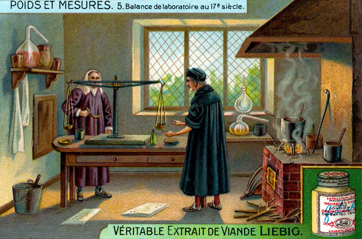 Laboratorní váhy v 17. století, Liebigova karta (tisk) od School French