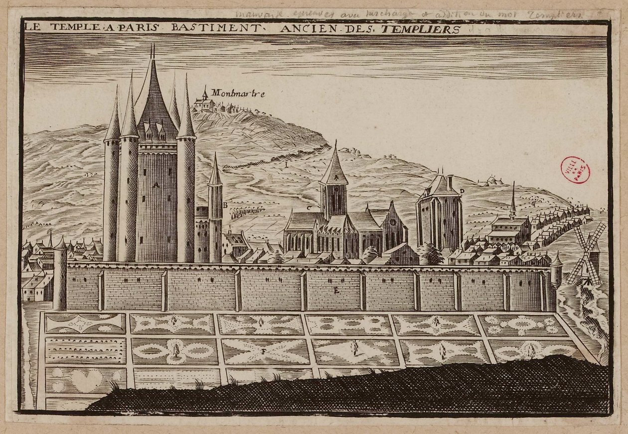 Chrám v Paříži, bývalá budova templářů (rytina) od School French