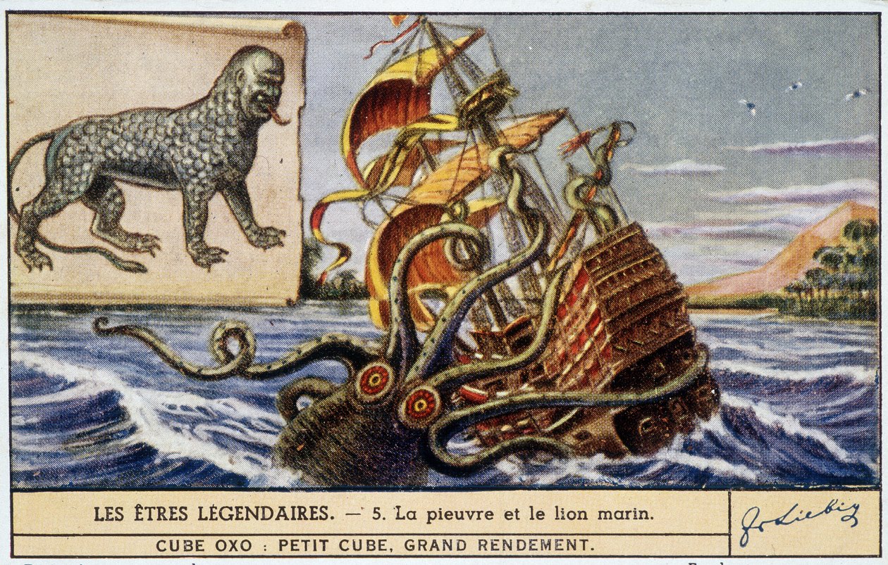 Legendární bytosti - chobotnice a lachtan - chromo Liebigova barva. od School French