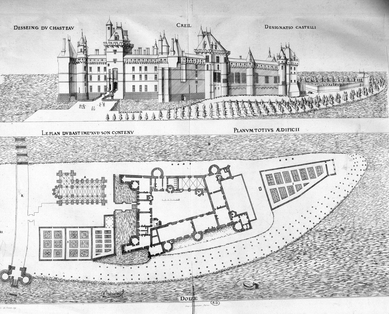 Mapa zámku Chateau de Creil v Pikardii. od School French