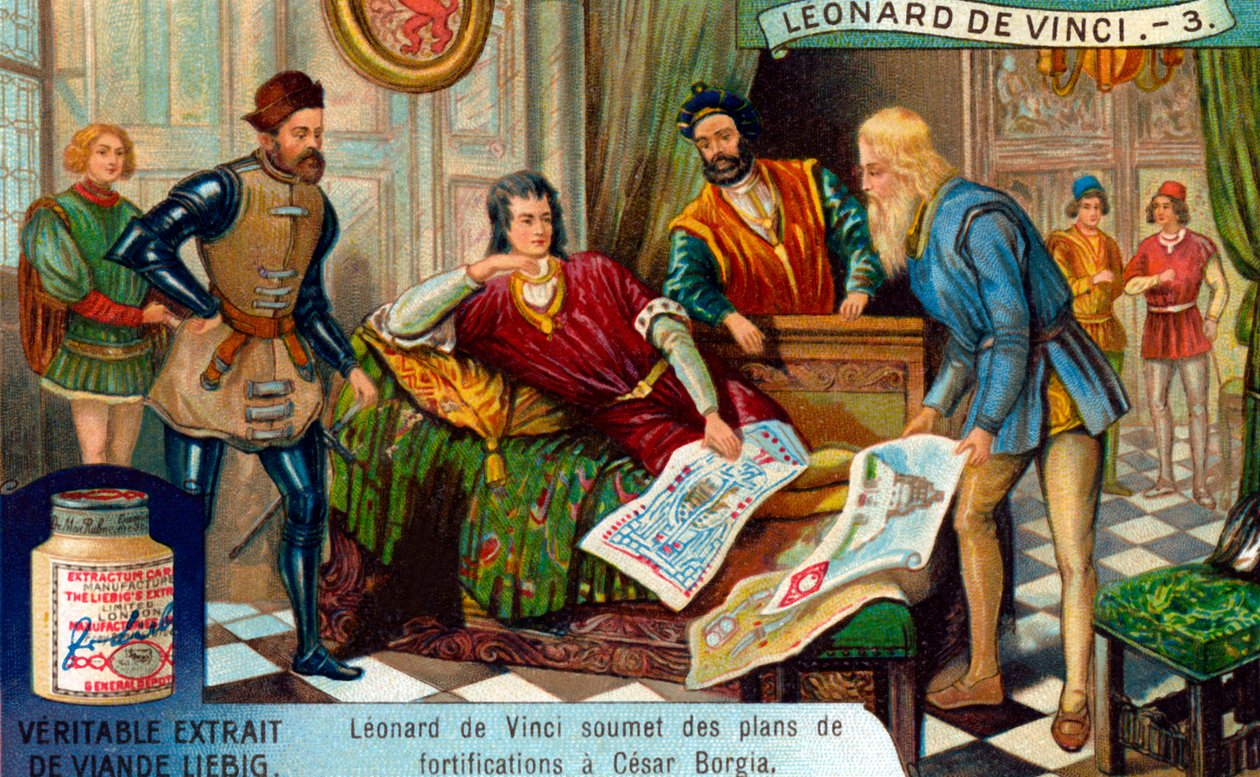 Vojenský inženýr, Život Leonarda da Vinci, Liebigova karta (tisk) od School French