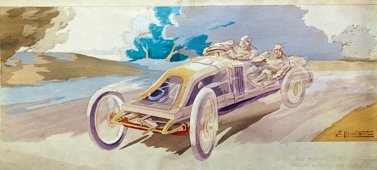 Automobilové závody: závodní vůz „Beisz na voze Renault““ Litografie E. Montre, Národní konzervatoř umění a řemesel, Paříž od School French