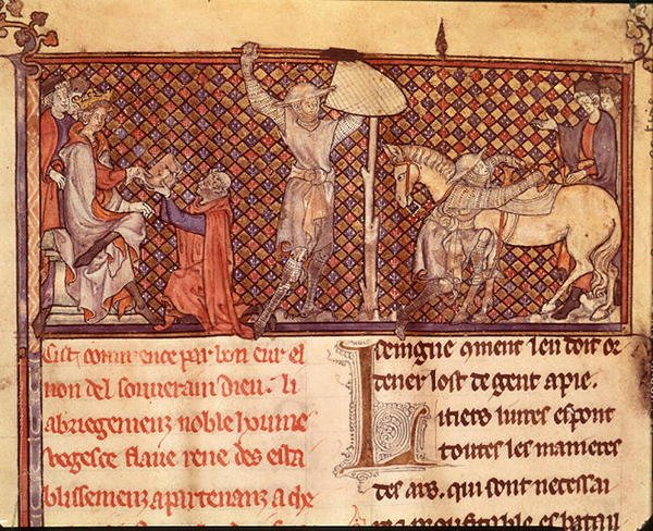 Ms 332 fol.1 Jean de Meung (1240-1305) nabízející svou knihu hraběti z Eu a odchod rytíře z Traduction de Vegece od Jeana de Meunga od School French