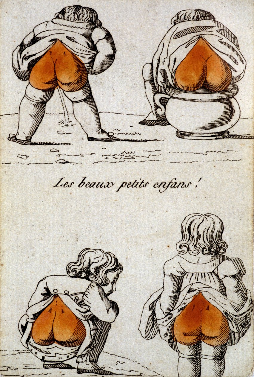 Stará karta na hraní: srdcová čtyřka - „Krásné malé děti““, které ukazují své zadečky ve tvaru srdce. Musée de la Carte à Joueur, Issy-les-Moulineaux. od School French