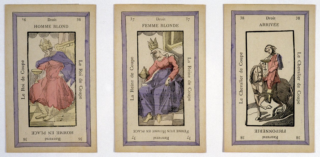 Staré karty na hraní s králem (blondman), královnou (blondýna) a jezdcem (dokončit) pohár. Musée de la Carte à Jouier, Issy-les-Moulineaux. od School French