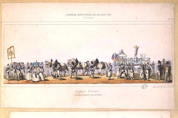 Průvod Meuniers-Fariniers (Mlynáři) ve Štrasburku, 25. června 1840 (barevné lito) od School French