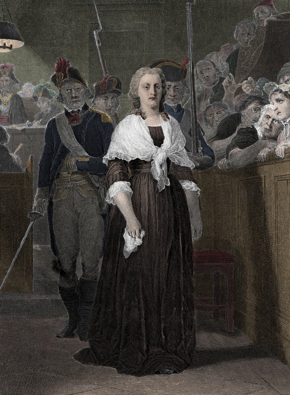 Královna Marie Antoinetta (1755-1793) odsouzena revolučním soudem v říjnu 1793“ (královna Francie Marie-Antoinetta (1755-1793) během jejího procesu u revolučního soudu, říjen 1793) od School French