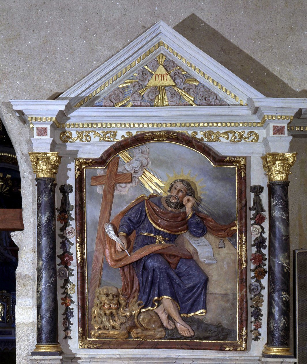 Svatý Marek Evangelista a jeho symbol: lev. Oltářní obraz kostela Hruška na život, Vendee. od School French