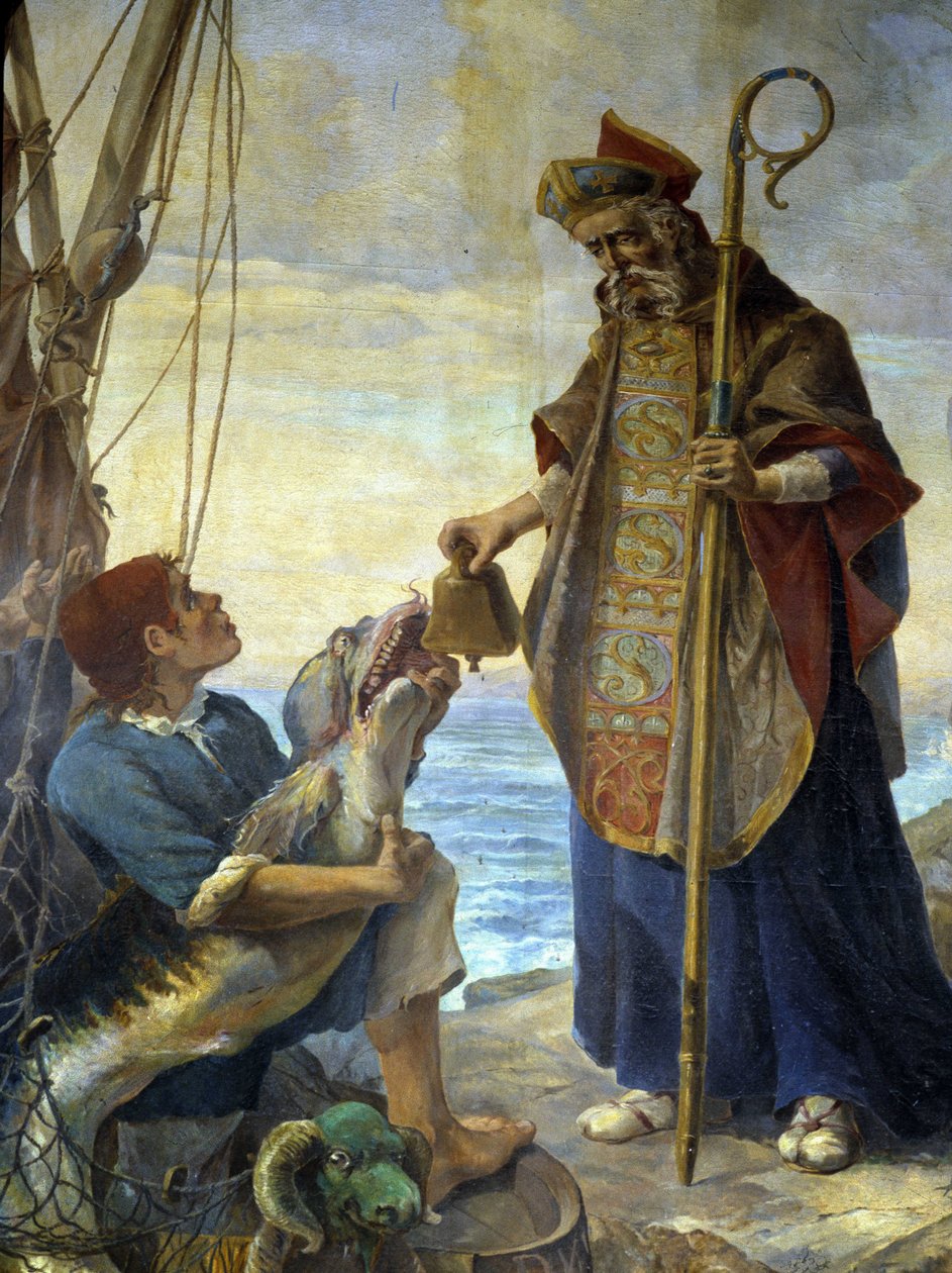 St Pol de Leon dostává rybou na ostrově Batz zvon, který mu král Marek odmítl v Ouessant, v. 530 - obraz kostela Morlaix od School French