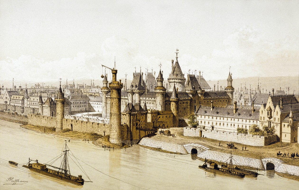 Palác Louvre za vlády krále Karla V. (barevná rytina) od School French