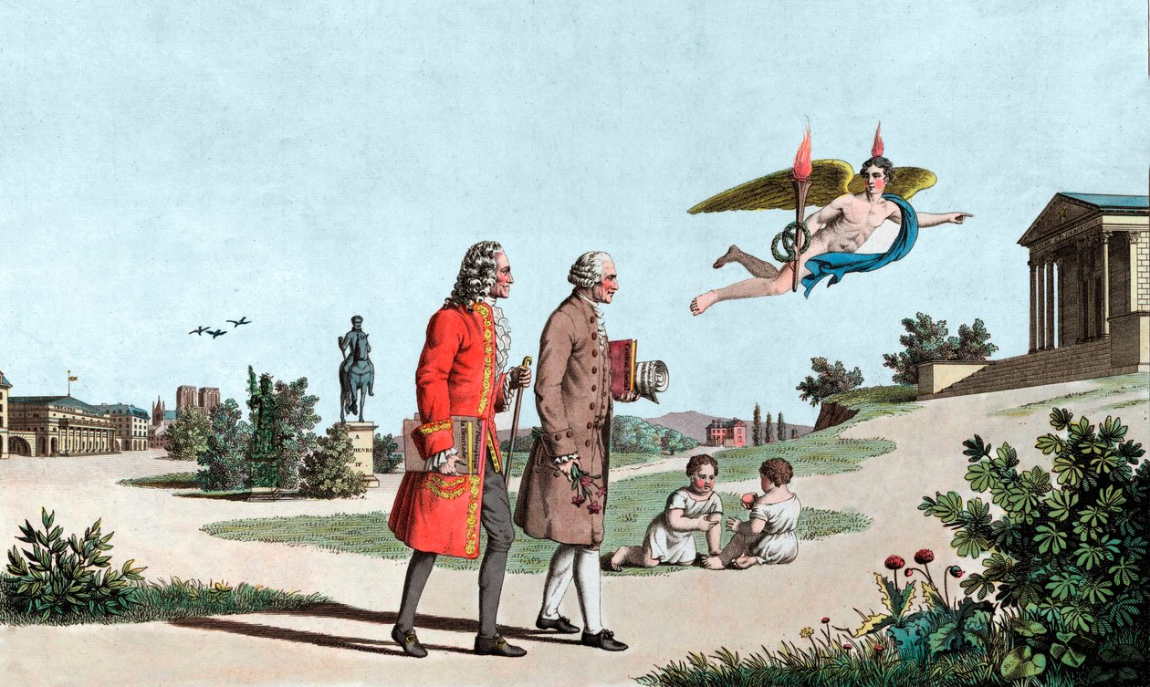 Duch Voltairův a Jean Jacques Rousseau je zavedou do Chrámu nesmrtelnosti – džina Voltairova (François Marie Arouet, dit Voltaire od School French