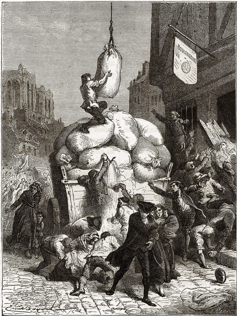 The War of Flours: Drancování pekáren v Paříži, kolem roku 1775 (první plody francouzské revoluce) od School French
